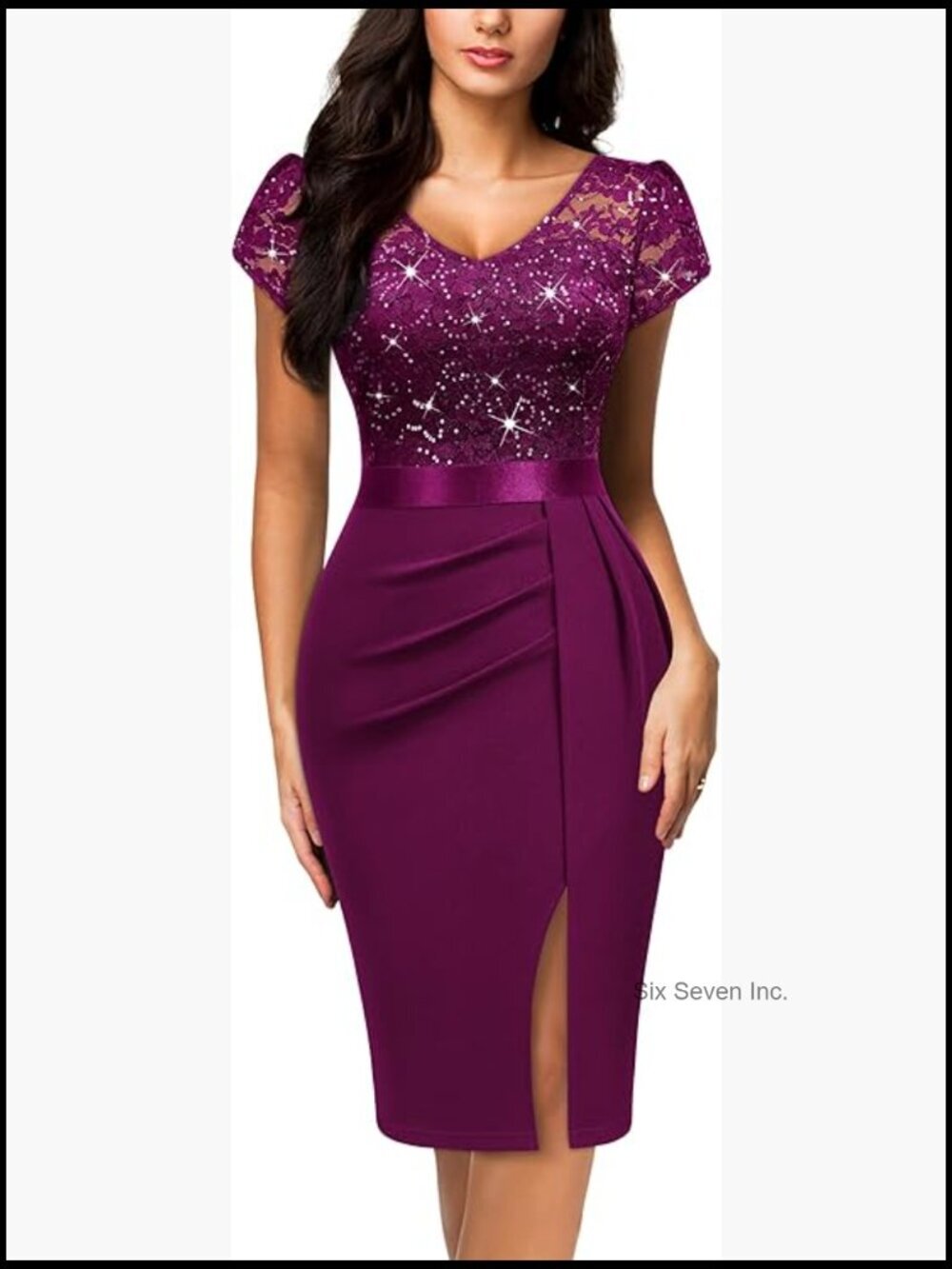 Glitter Sequin Lace V-Neck Cap Sleeve Cocktail Party Dress